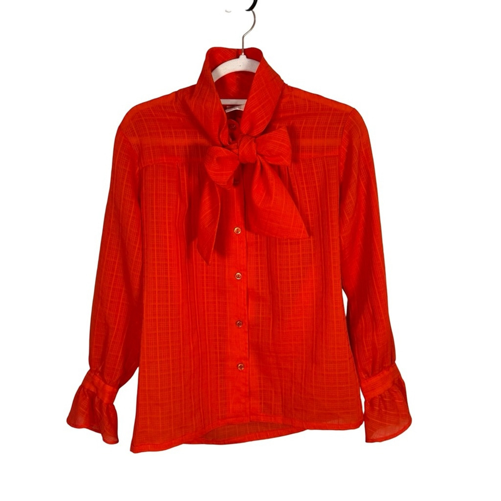 JD Fashions Vintage 70s Red Bow Blouse Size 9/10 Sheer Retro Office Workwear
